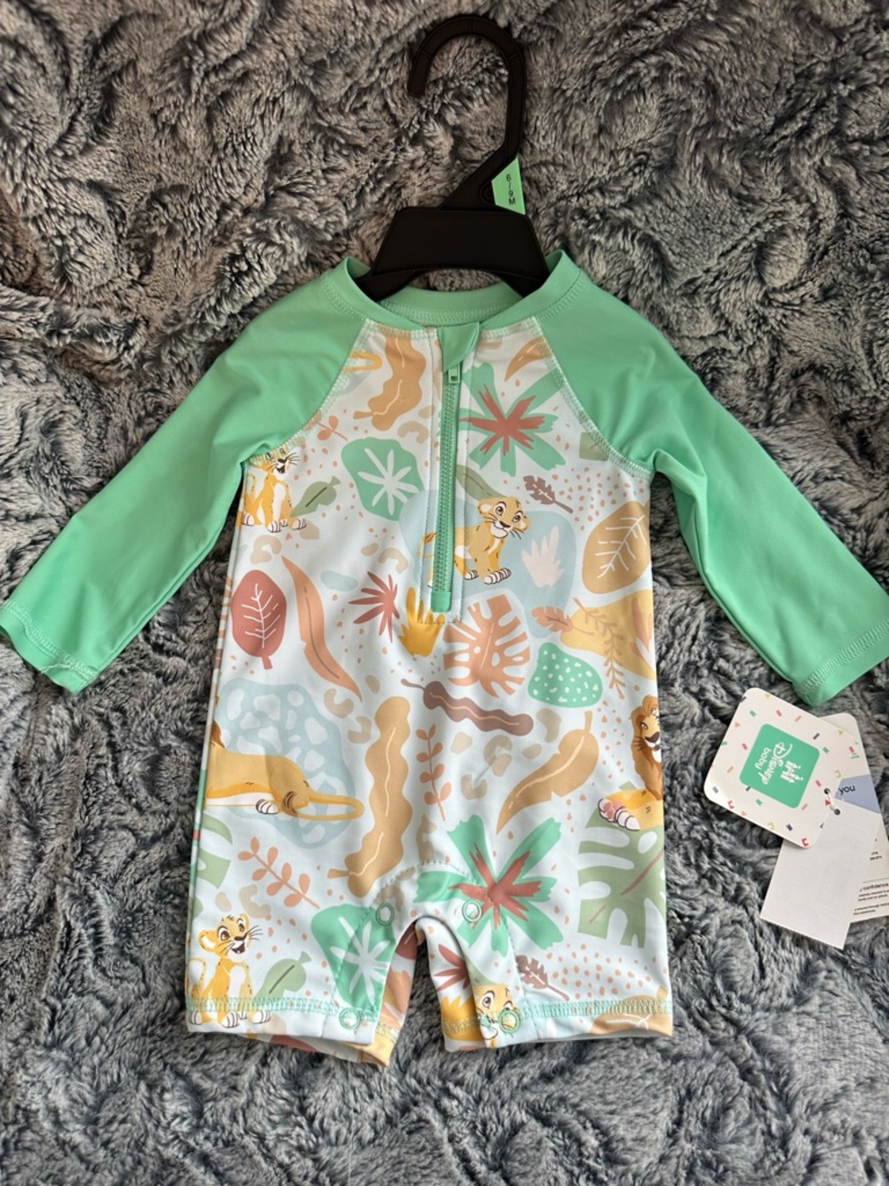 NWTS Disney Mint Green & Yellow Jungle Print Kids Rash Guard Swimsuit Sz 6/9 mos